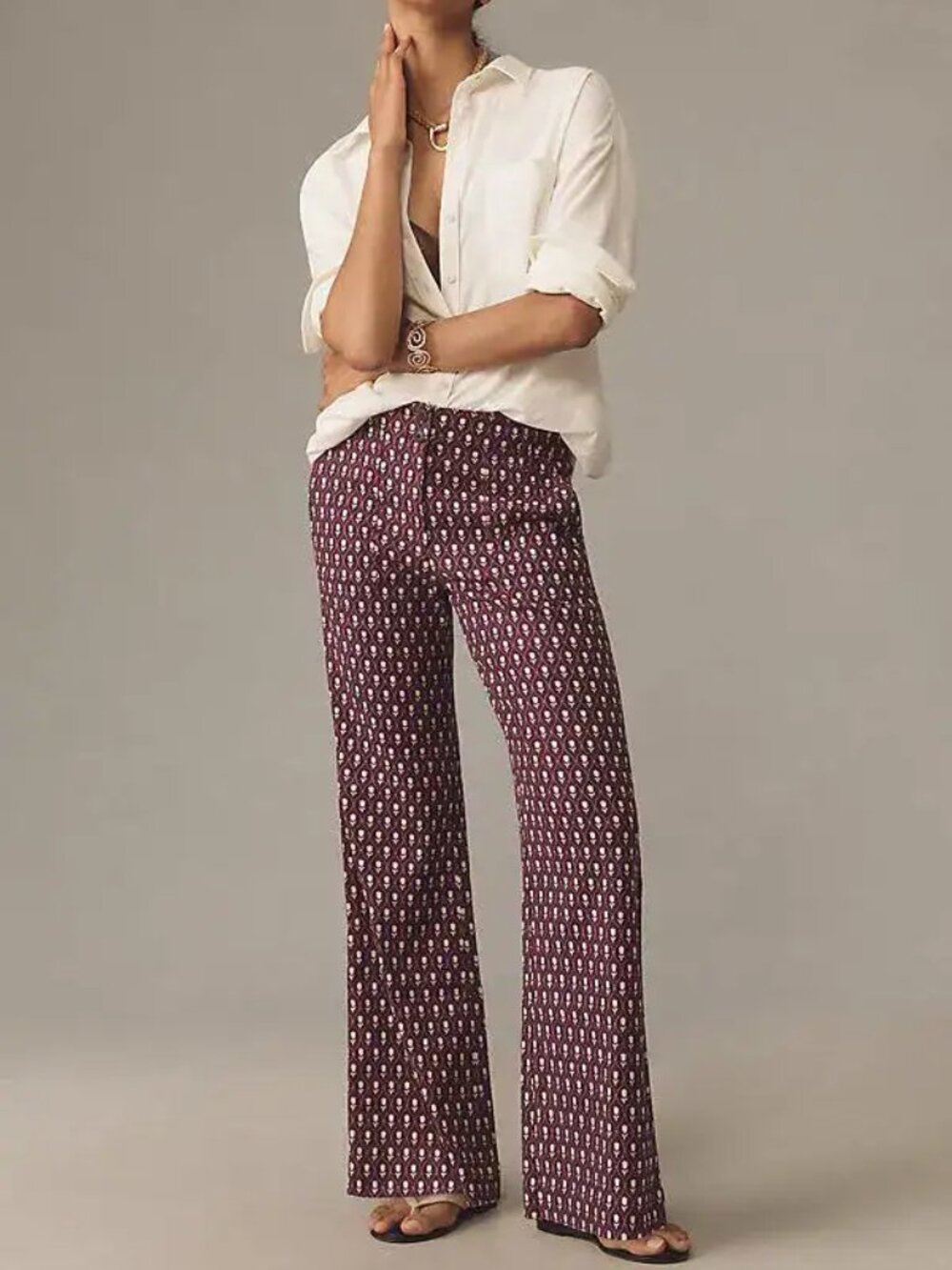 Maeve Anthropologie Burgundy Tulip Print Linen Blend Flare Pants Size 10 NWT